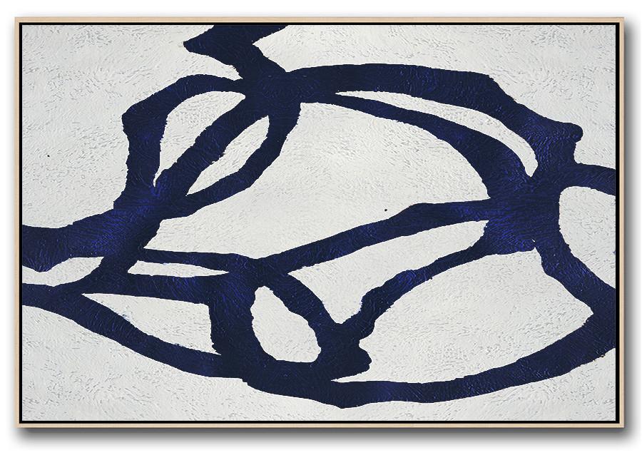 Horizontal Abstract Painting Navy Blue Minimalist Painting On Canvas - Canvas On The Wall Extra Large